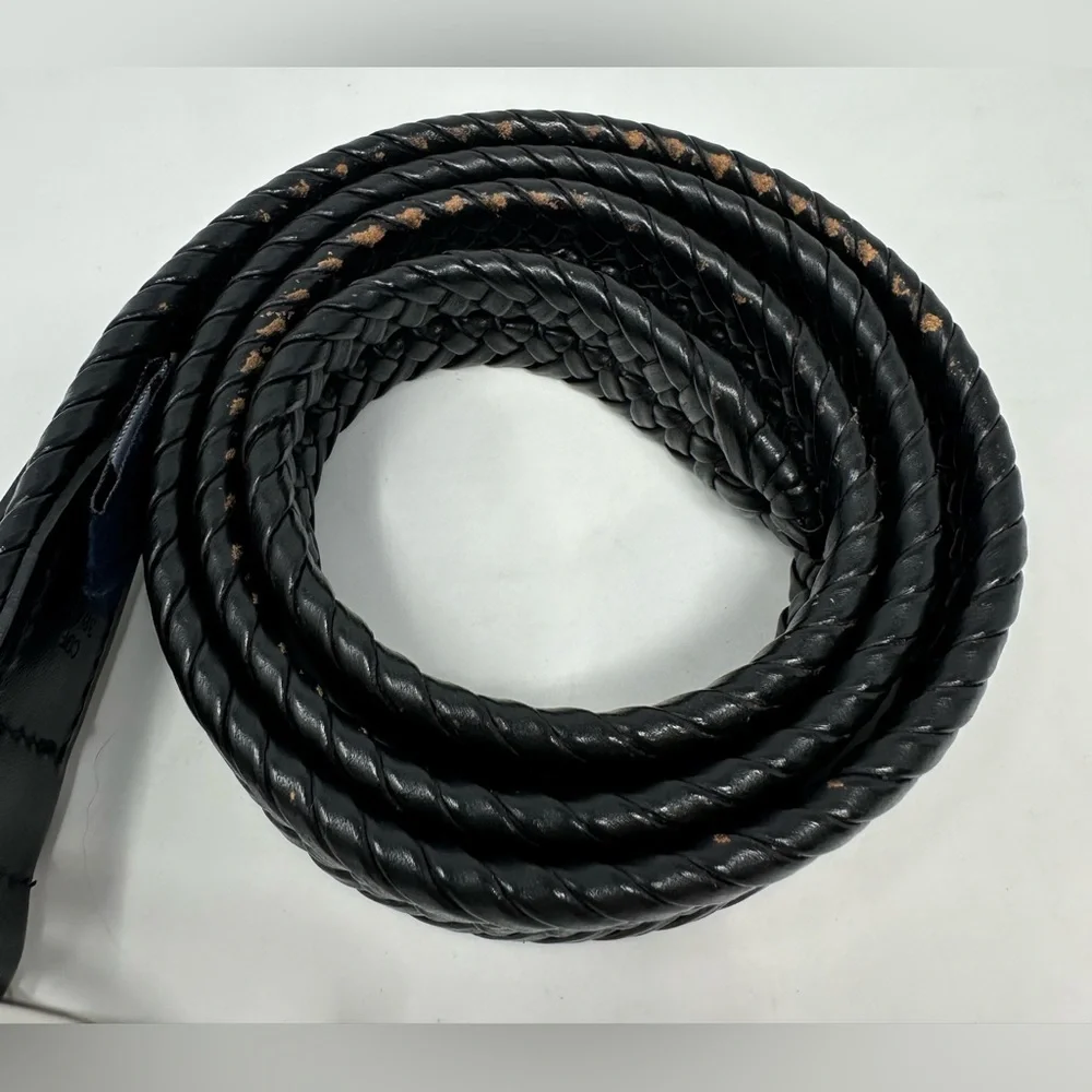 Tommy Hilfiger Braided Belt Mens 38/95 Black Leather Trim Casual Silver‎ Buckle